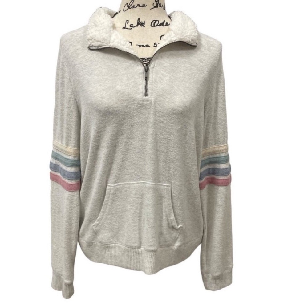 Pink Republic XL Gray Quarter Zip Pullover Faux Fur Collar Pastel Stripe Sweater